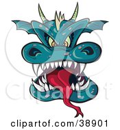Poster, Art Print Of Horned Green Dragon Head With A Long Tongue And Sharp Teeth