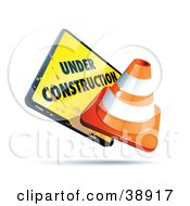 Dirty Yellow Under Construction Sign With An Orange Cone