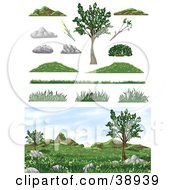 Poster, Art Print Of Natural Landscape With Burms Grass And Trees And Design Elements