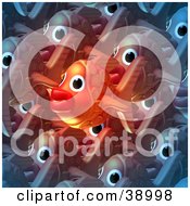 Clipart Illustration Of A Glowing Orange Fish Standing Out In A Crowd Of Schooling Fish