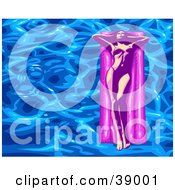 Clipart Illustration Of A Beautiful Young Woman In A Bikini Tanning And Floating On An Air Mattress In A Pool With Rippling Blue Water