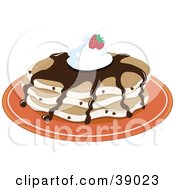 Poster, Art Print Of Chocolate Chip Pancakes Topped With Chocolate Syrup Whipped Cream And A Strawberry