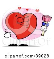 Poster, Art Print Of Romantic Male Red Heart Puckering His Lips And Giving Pink Roses