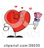 Poster, Art Print Of Sweet Male Red Heart Puckering His Lips And Holding Out Pink Roses