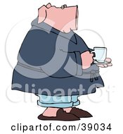 Clipart Illustration Of A Sick Pick Drinking Tea And Standing In His PJs