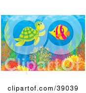Poster, Art Print Of Underwater Scene Of A Friendly Sea Turtle Chatting With A Marine Fish Above A Reef