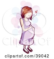 Red Haired Pregnant Woman Looking At Her Belly With Love On A Pastel Bubble Background