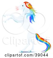 Poster, Art Print Of White Horse With A Rainbow Colored Mane And Tail Rearing Up On Its Hind Legs