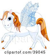 Clipart Illustration Of A Blue Eyed White Winged Pegasus Horse With An Orange Mane And Tail