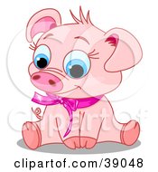 Clipart Illustration Of An Adorable Pink Female Pig Wearing A Pink Ribbon Sitting And Smiling by Pushkin