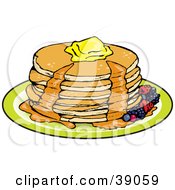 Poster, Art Print Of Stack Of Six Buttermilk Pancakes Topped With Melting Butter And Oozing With Maple Syrup Garnished With Berries