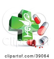Clipart Illustration Of A Shiny Green Caduceus Cross With Red And White Capsules