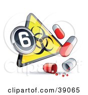 Clipart Illustration Of A Yellow Triangular Flu Pandemic Phase 6 Warning Biohazard Sign With Pill Capsules