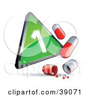 Clipart Illustration Of A Green Triangular Phase 1 Influenza Sign With Red And White Pill Capsules