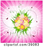 Clipart Illustration Of A Pretty Fern And Pink And Yellow Daisy Bouquet With Butterflies On A Bursting Pink Background by elaineitalia