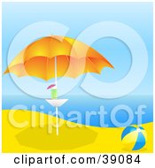 Poster, Art Print Of Blue And Yellow Beach Ball Beside A Cocktail On A Table Under An Umbrella On A Tropical Beach