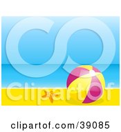 Clipart Illustration Of A Pink And Yellow Beach Ball Resting In The Sand By A Starfish Calm Blue Water And Sky In The Background by elaineitalia
