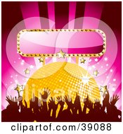 Poster, Art Print Of Dancing Crowd In Front Of A Yellow Disco Ball With Gold And White Stars And A Blank Pink Sign