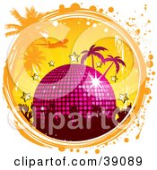 Poster, Art Print Of Party Crowd With A Disco Ball Stars Palm Trees And A Plane In A Grunge Circle