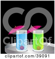 Clipart Illustration Of Two Green And Blue Cocktails With Pink Umbrellas by elaineitalia