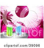 Clipart Illustration Of A Pink Disco Sun Shining On Palm Trees And Cocktails by elaineitalia