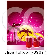 Poster, Art Print Of Two Red Cocktails With Umbrellas Against A Tropical Sunset With A Pink Sparkling Sky