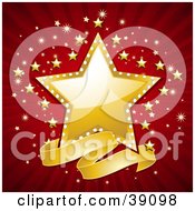 Clipart Illustration Of A Blank Wavy Banner Below A Shiny Golden Star With A Red And Gold Bursting Background by elaineitalia #COLLC39098-0046