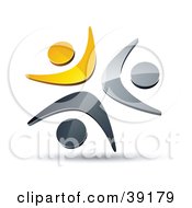 Clipart Illustration Of A Pre Made Logo Of Three Yellow Chrome And Black People Celebrating Or Dancing