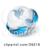 Poster, Art Print Of Gray Globe Encircled By A Blue  Double Ended 3d Arrow Pointing To South America