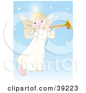 Cute Innocent Blond Femal Angel With A Halo Playing A Horn