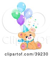 Poster, Art Print Of Cute Male Birthday Bear Wearing A Party Hat And Sitting With Balloons
