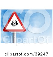 Clipart Illustration Of A Red And White Triangular Eye Sign Against A Blue Sky With Clouds by Prawny