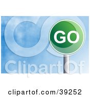 Clipart Illustration Of A Green Circular Go Sign Against A Blue Sky With Clouds by Prawny