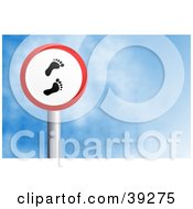 Clipart Illustration Of A Red And White Circular Foot Tracks Sign Against A Blue Sky With Clouds by Prawny