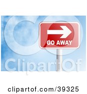 Clipart Illustration Of A Red Go Away Rectangular Sign Against A Blue Sky With Clouds