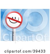 Clipart Illustration Of A Red And White Circular No Smiling Sign Against A Blue Sky With Clouds