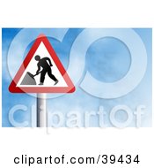 Clipart Illustration Of A Red And White Triangular Digging And Road Work Sign Against A Blue Sky With Clouds