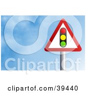 Clipart Illustration Of A Red And White Triangular Street Light Sign Against A Blue Sky With Clouds