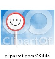 Clipart Illustration Of A Red And White Circular Smiling Sign Against A Blue Sky With Clouds
