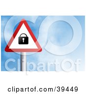 Clipart Illustration Of A Red And White Triangular Secured Padlock Sign Against A Blue Sky With Clouds by Prawny