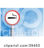 Clipart Illustration Of A Red And White Circular Smoking Cigarette Sign Against A Blue Sky With Clouds