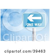 Clipart Illustration Of A Blue Rectangular One Way Sign Against A Blue Sky With Clouds