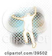 Clipart Illustration Of An Outline Of A White Man Leaping Over A Brown And Blue Dotted Grunge Background On White by Arena Creative