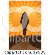 Clipart Illustration Of A Brown Silhouetted Woman Walking On A Path Towards An Orange Sunset by Arena Creative #COLLC39505-0094