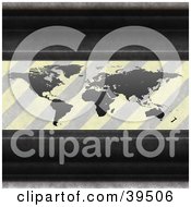 Clipart Illustration Of Metal Bars Framing An Atlas With Faded Hazard Stripes Symbolizing Pollution