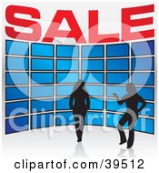 Clipart Illustration Of A Silhouetted Sales Woman Assisting A Customer As She Views A Tv Display In An Electronics Store by Arena Creative