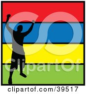 Black Silhouetted Victorious Man Celebrating On A Colorful Background Trimmed In Black