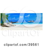 Clipart Illustration Of A Yacht Out At Sea Near A Tropical Beach With Lounge Chairs And A Dock by Frank Boston