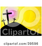 Clipart Illustration Of A Yellow Sunset Sky Silhouetting Crosses On A Hill