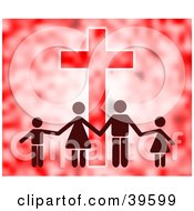 Poster, Art Print Of Family Of Four Holding Hands In Front Of A Cross In Red Tones